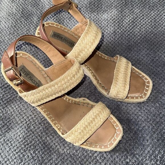 Steve Madden Raffia Espadrille‎ Wedge Sandals Natural Tan Buckle Strap Size 9 - Picture 3 of 12